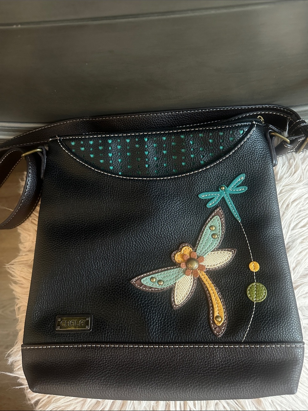 Chala Black Crossbody Bag with Teal, Yellow and Green Dragonfly Applique